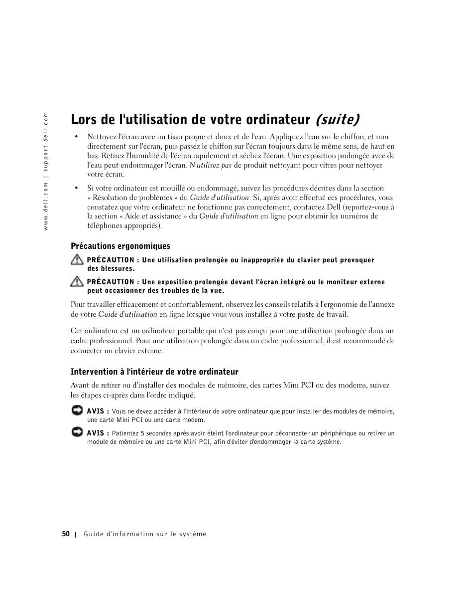 Précautions ergonomiques, Intervention à l'intérieur de votre ordinateur, Lors de l'utilisation de votre ordinateur (suite) | Dell Latitude D800 User Manual | Page 52 / 146