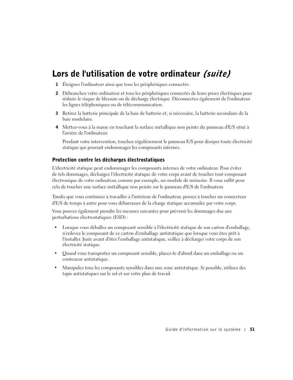 Protection contre les décharges électrostatiques, Lors de l'utilisation de votre ordinateur (suite) | Dell Latitude D800 User Manual | Page 53 / 146