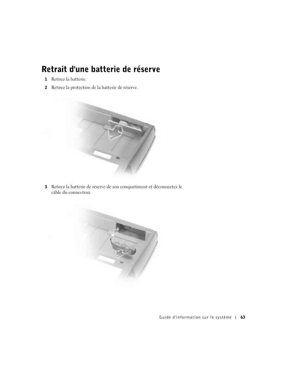 Retrait d'une batterie de réserve | Dell Latitude D800 User Manual | Page 65 / 146