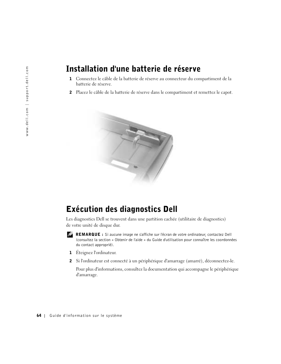 Installation d'une batterie de réserve, Exécution des diagnostics dell | Dell Latitude D800 User Manual | Page 66 / 146