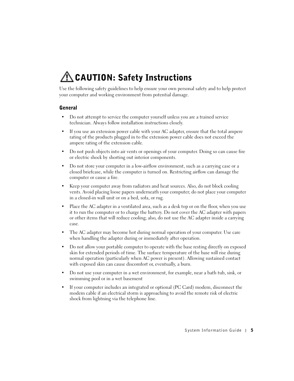 Caution: safety instructions, General | Dell Latitude D800 User Manual | Page 7 / 146