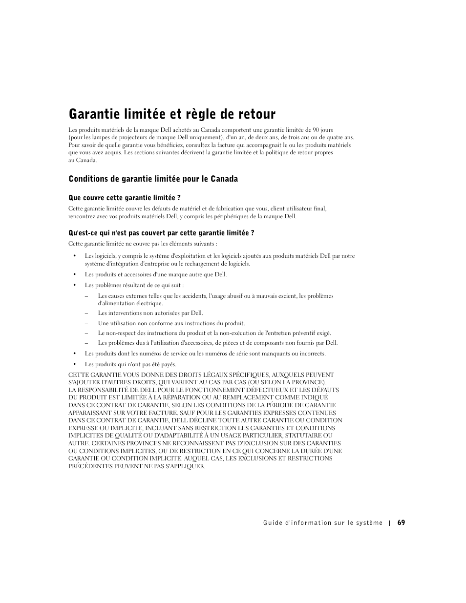 Garantie limitée et règle de retour, Conditions de garantie limitée pour le canada | Dell Latitude D800 User Manual | Page 71 / 146