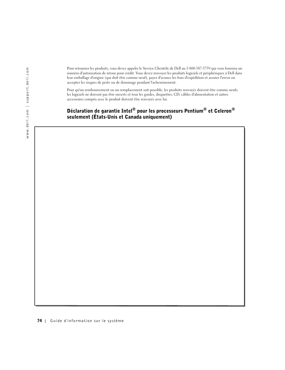 Déclaration de garantie intel, Pour les processeurs pentium, Et celeron | Seulement (états-unis et canada uniquement) | Dell Latitude D800 User Manual | Page 76 / 146