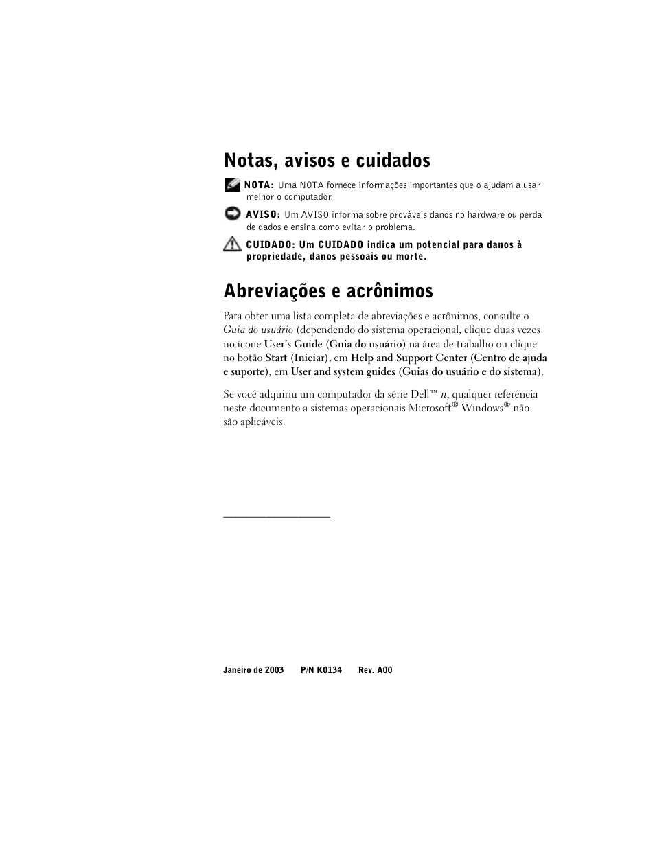 Notas, avisos e cuidados, Abreviações e acrônimos | Dell Latitude D800 User Manual | Page 80 / 146