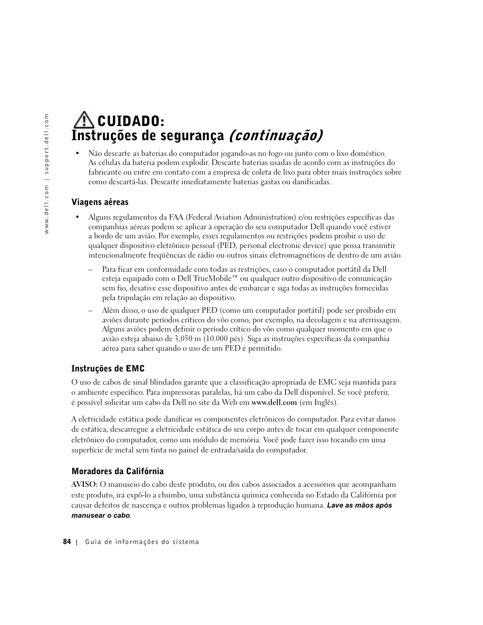 Viagens aéreas, Instruções de emc, Moradores da califórnia | Cuidado: instruções de segurança (continuação) | Dell Latitude D800 User Manual | Page 86 / 146