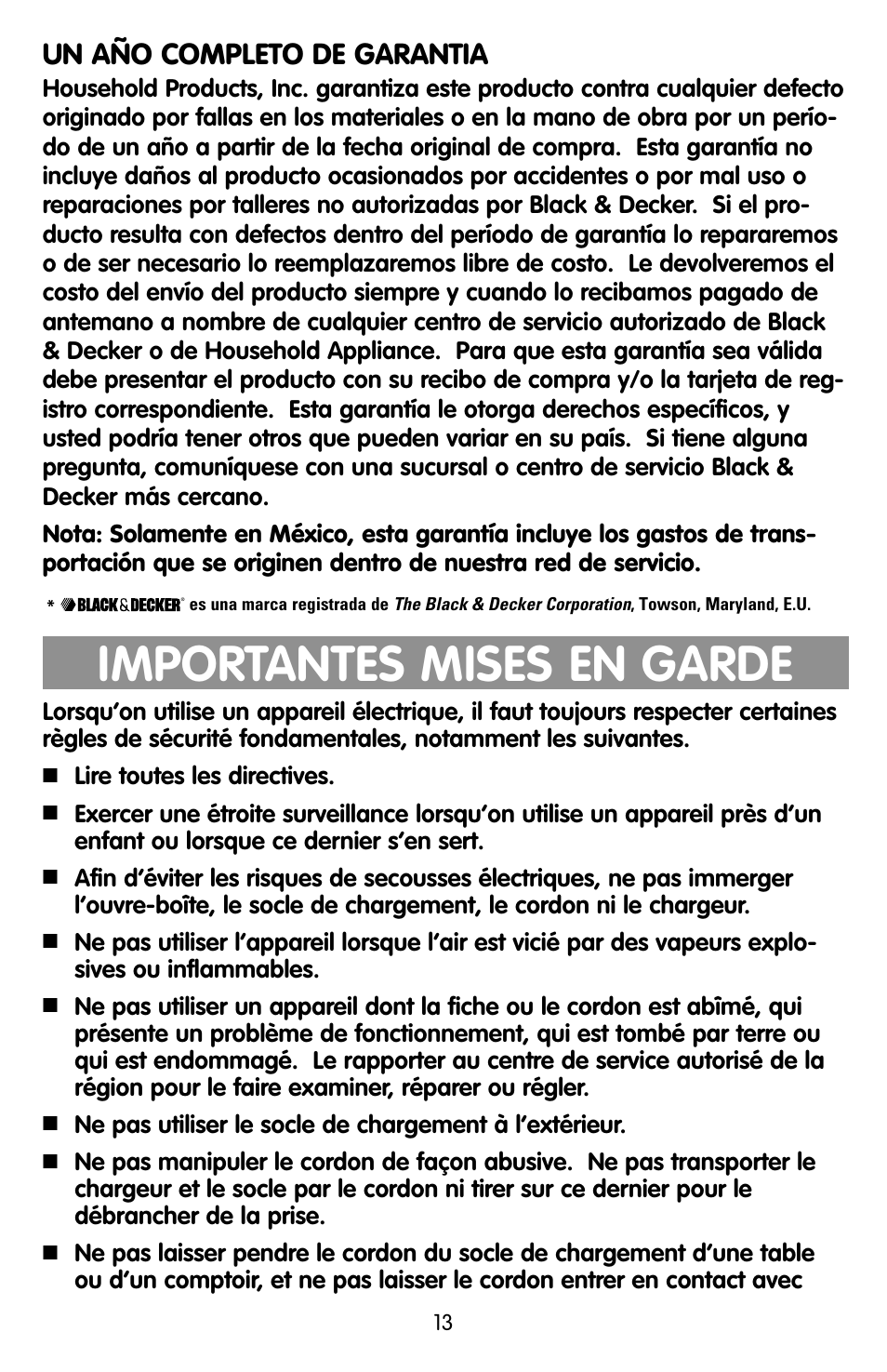 Mises en garde, Importantes mises en garde, Un año completo de garantia | Black & Decker KEC500 User Manual | Page 13 / 20