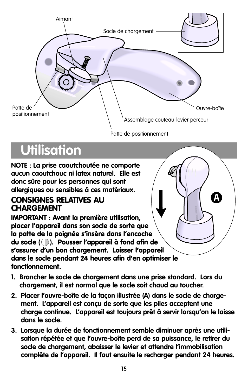 Utilisation, Consignes relatives au chargement | Black & Decker KEC500 User Manual | Page 15 / 20