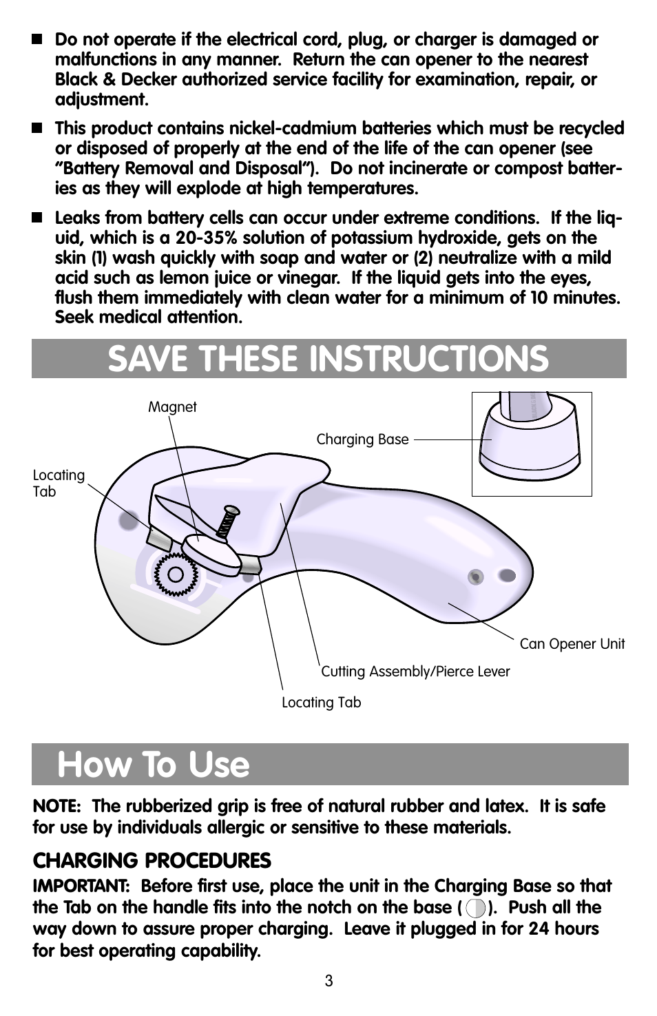 How to use, How to use save these instructions, Charging procedures | Black & Decker KEC500 User Manual | Page 3 / 20