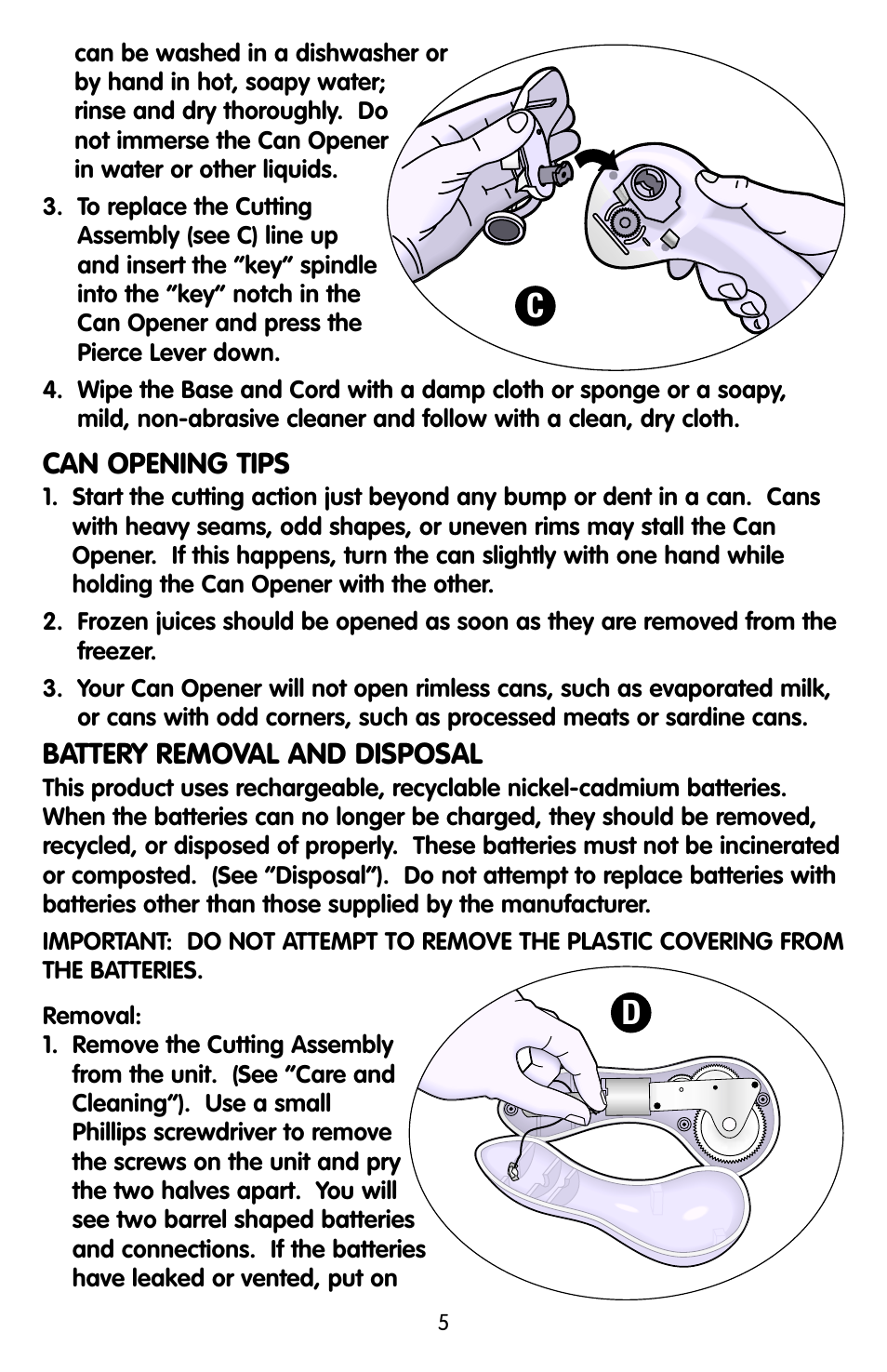 Can opening tips, Battery removal and disposal | Black & Decker KEC500 User Manual | Page 5 / 20