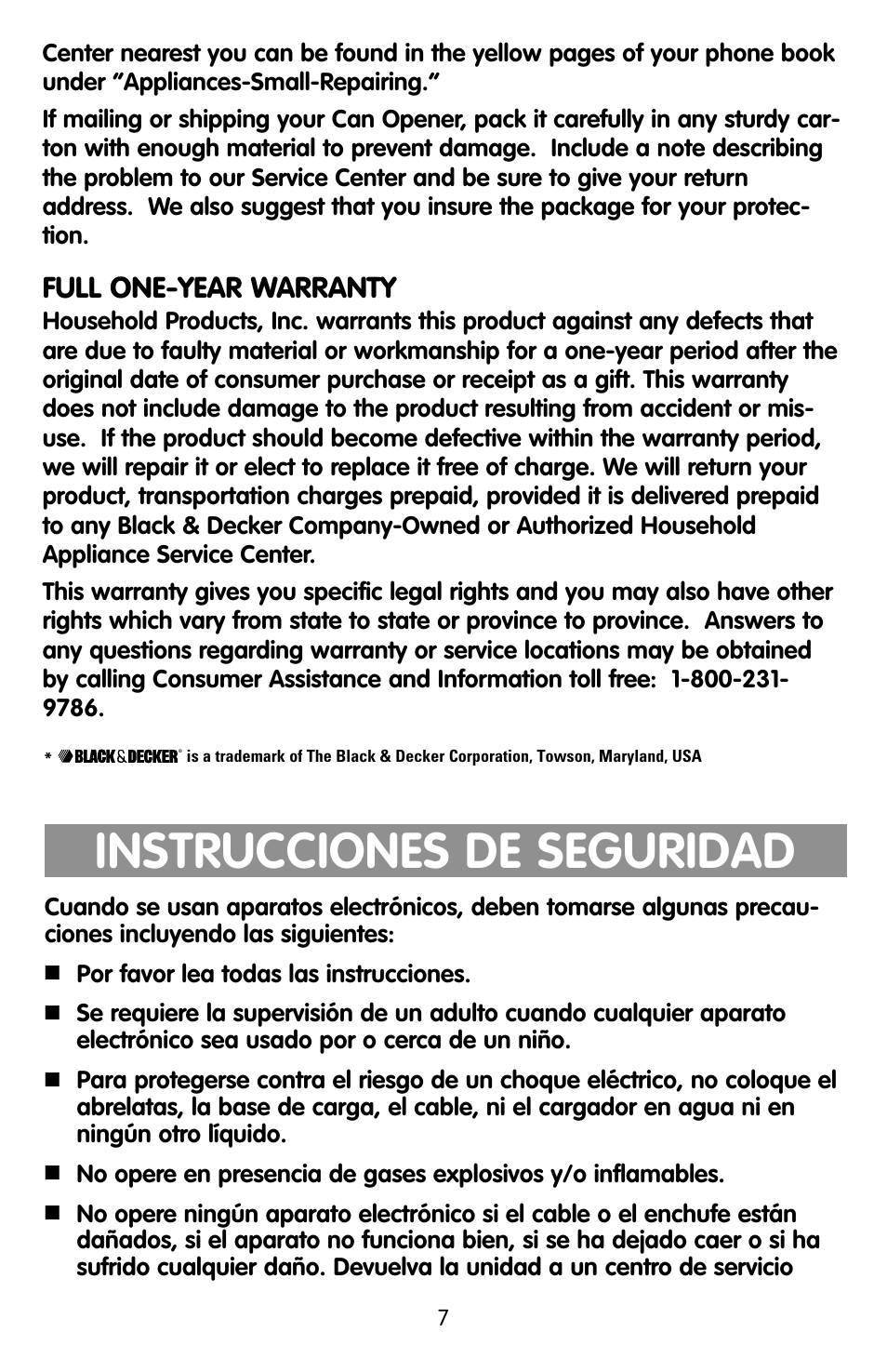 Instrucciones, Instrucciones de seguridad, Full one-year warranty | Black & Decker KEC500 User Manual | Page 7 / 20