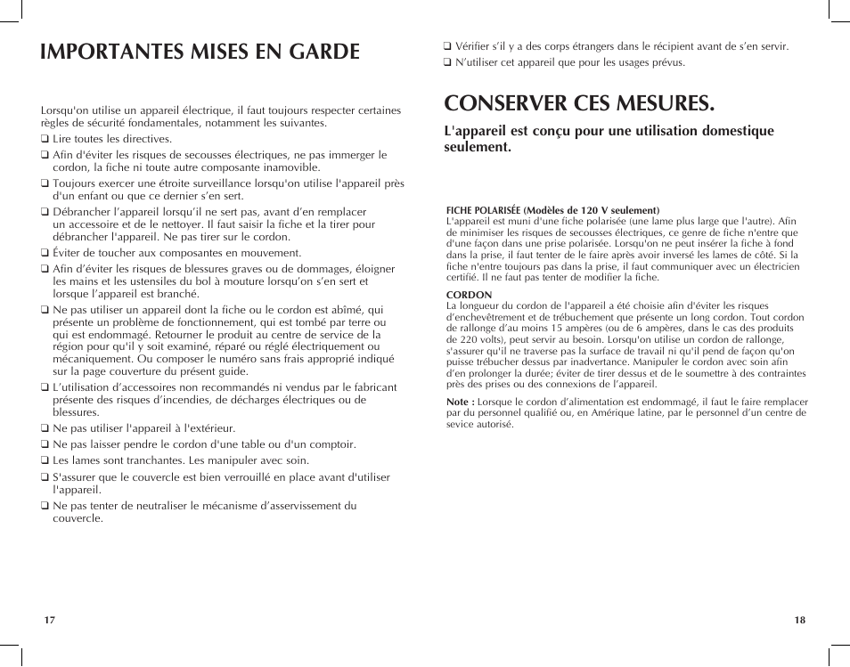 Importantes mises en garde, Conserver ces mesures | Black & Decker CBM210 User Manual | Page 10 / 15