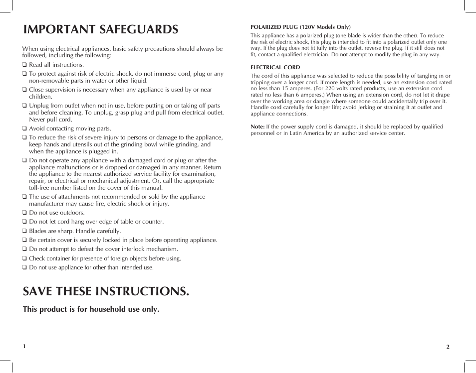 Important safeguards, Save these instructions, This product is for household use only | Black & Decker CBM210 User Manual | Page 2 / 15