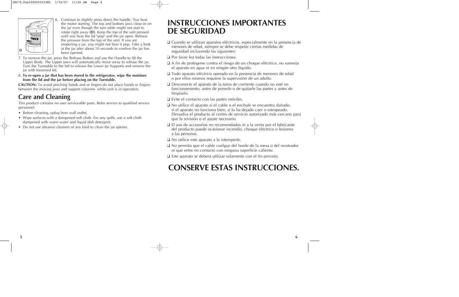 Instrucciones importantes de seguridad, Conserve estas instrucciones, Care and cleaning | Black & Decker LIDS OFF JW260 User Manual | Page 4 / 11