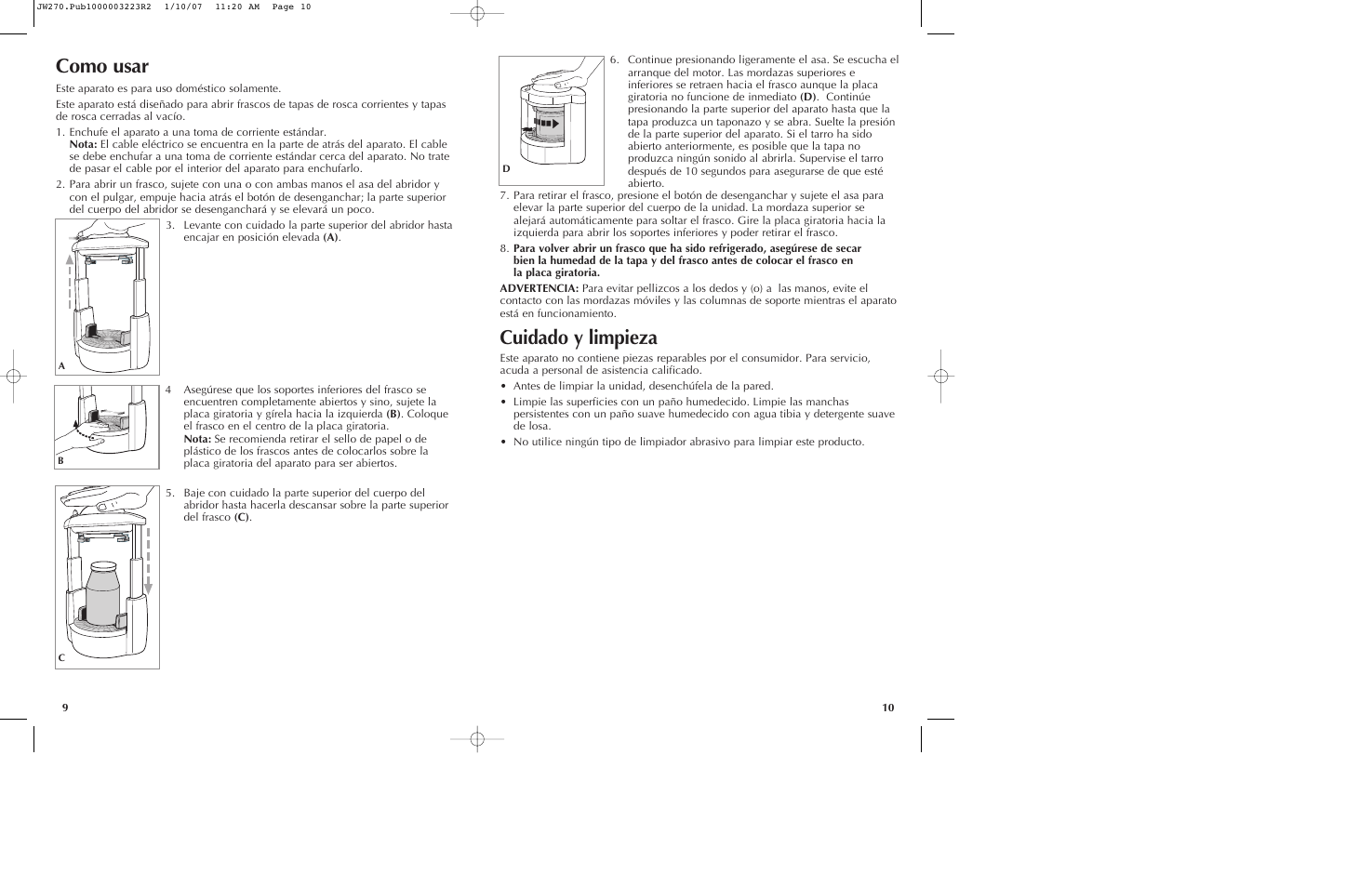 Como usar, Cuidado y limpieza | Black & Decker LIDS OFF JW260 User Manual | Page 6 / 11