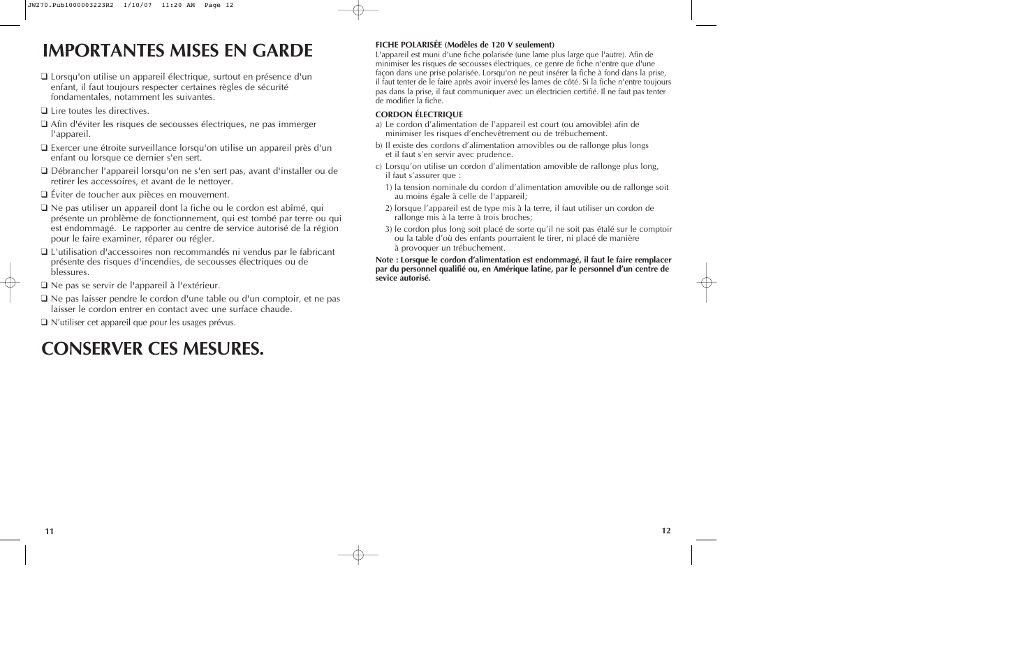 Importantes mises en garde conserver ces mesures | Black & Decker LIDS OFF JW260 User Manual | Page 7 / 11