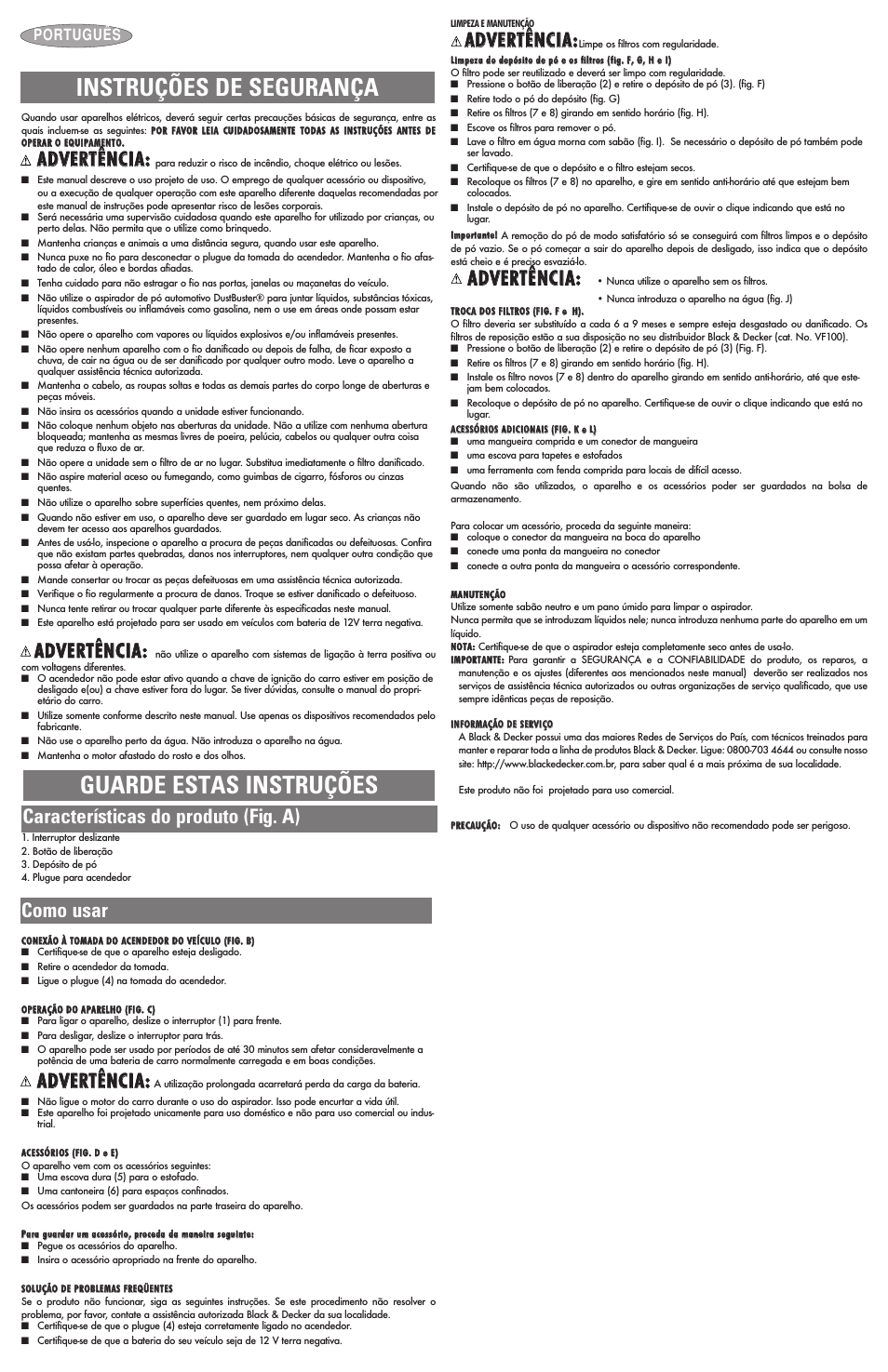 Instruções de segurança, Guarde estas instruções, Aad dv veerrttêên ncciiaa | Características do produto (fig. a), Como usar, Português | Black & Decker AV1500LA User Manual | Page 3 / 4