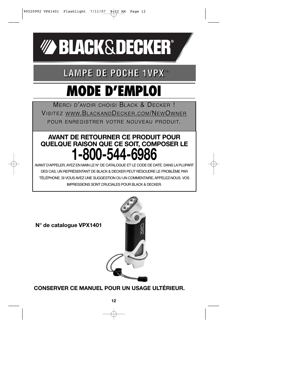 Mode d’emploi | Black & Decker 1 VPX FLASHLIGHT User Manual | Page 12 / 32