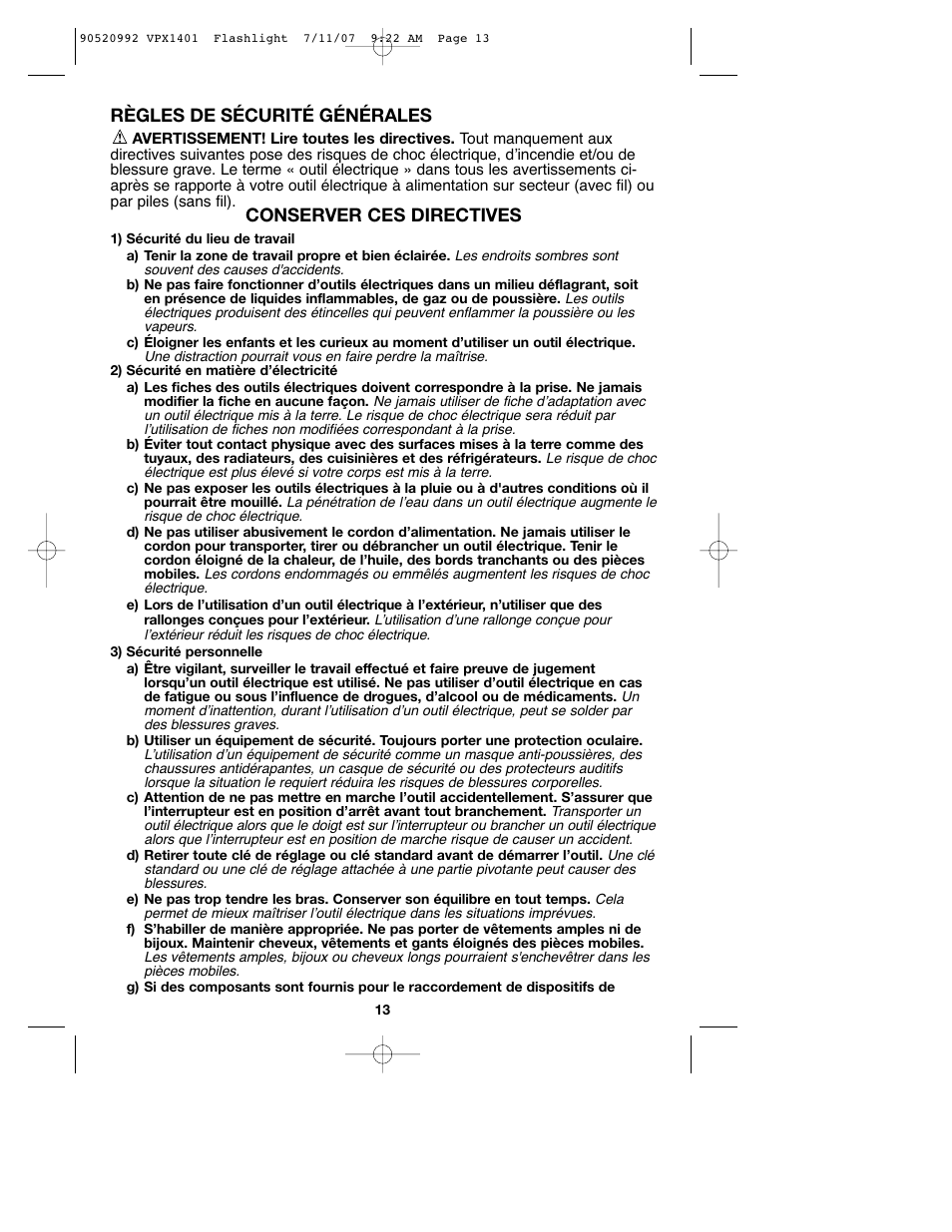 Règles de sécurité générales, Conserver ces directives | Black & Decker 1 VPX FLASHLIGHT User Manual | Page 13 / 32