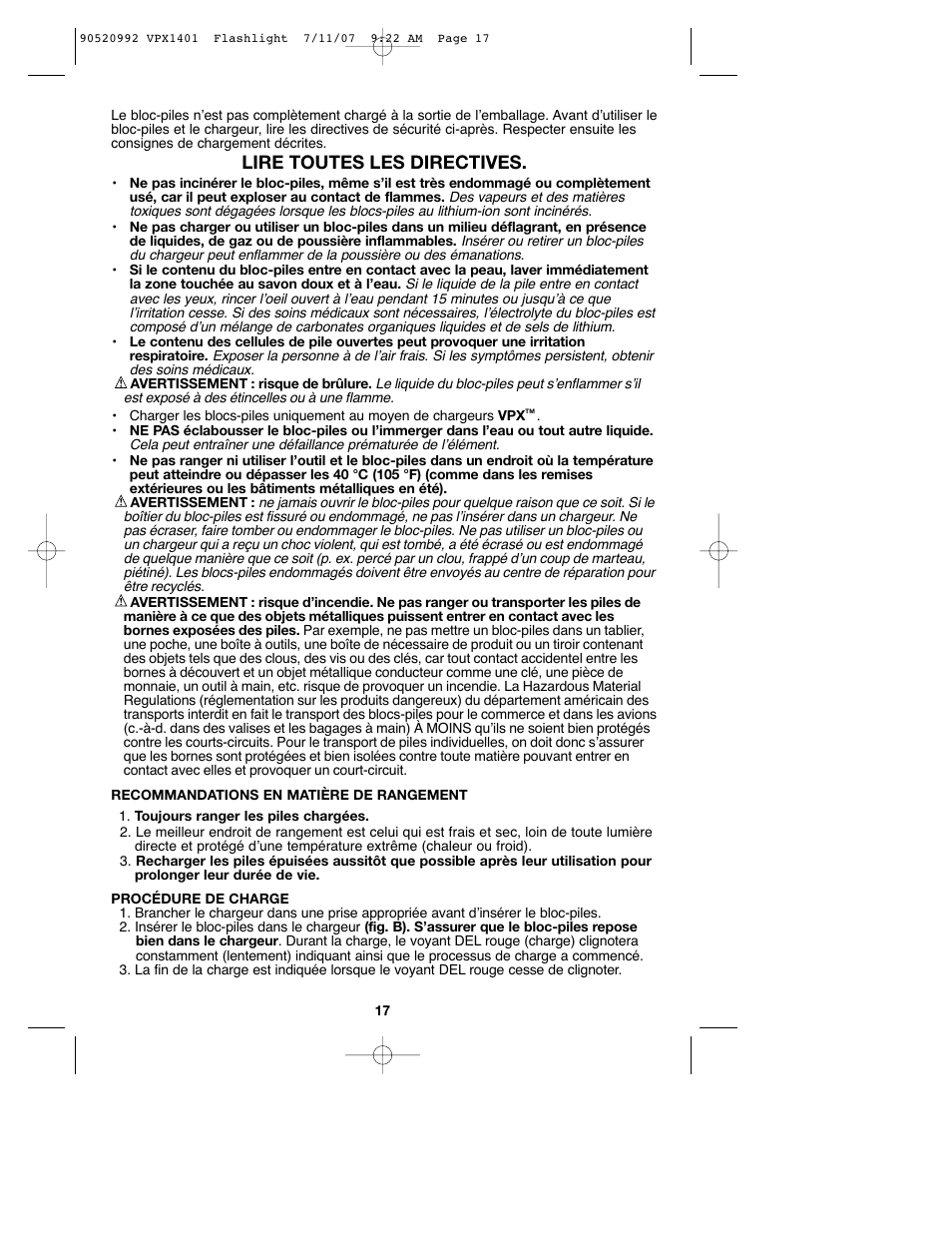 Lire toutes les directives | Black & Decker 1 VPX FLASHLIGHT User Manual | Page 17 / 32