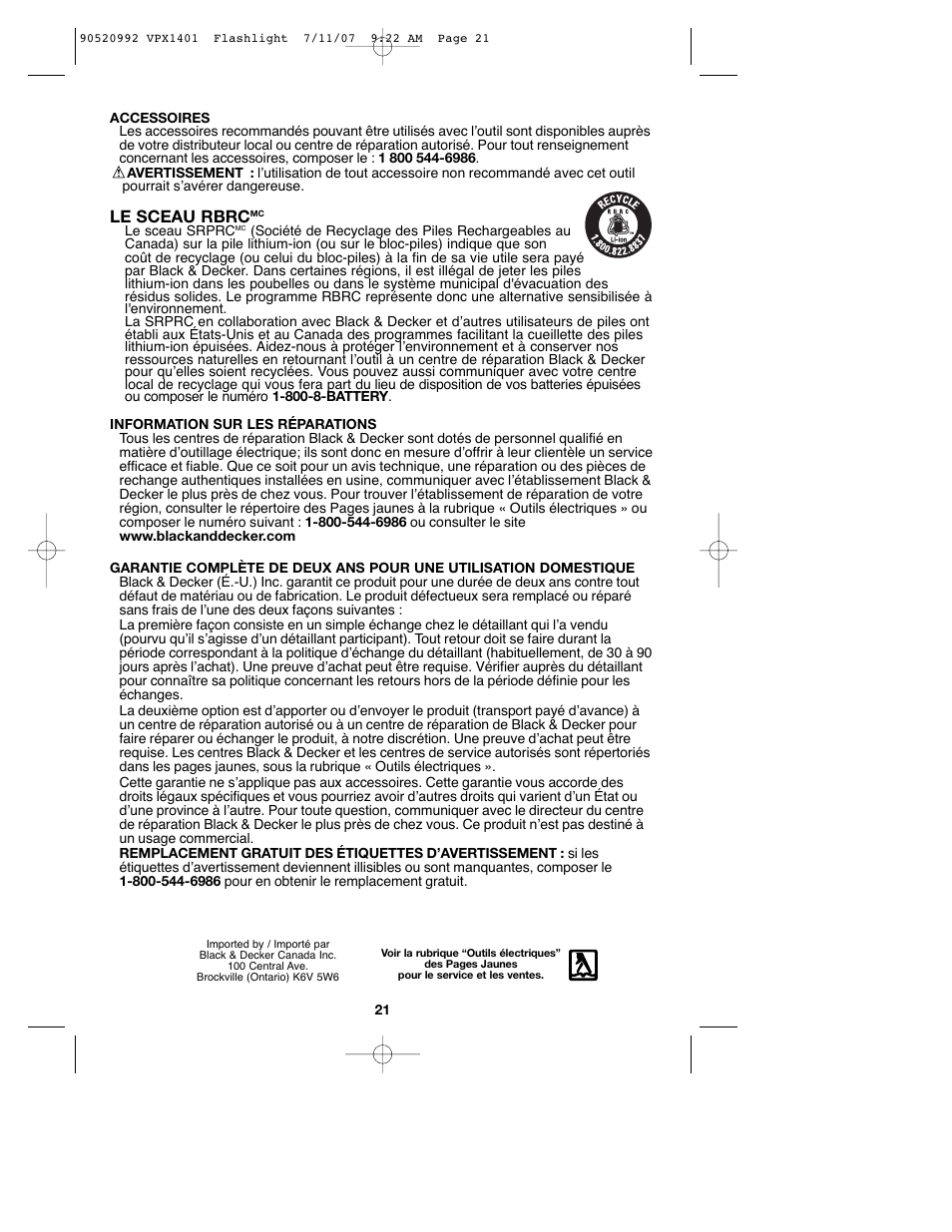 Le sceau rbrc | Black & Decker 1 VPX FLASHLIGHT User Manual | Page 21 / 32