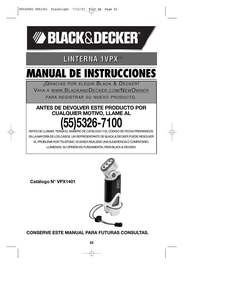 Manual de instrucciones | Black & Decker 1 VPX FLASHLIGHT User Manual | Page 22 / 32