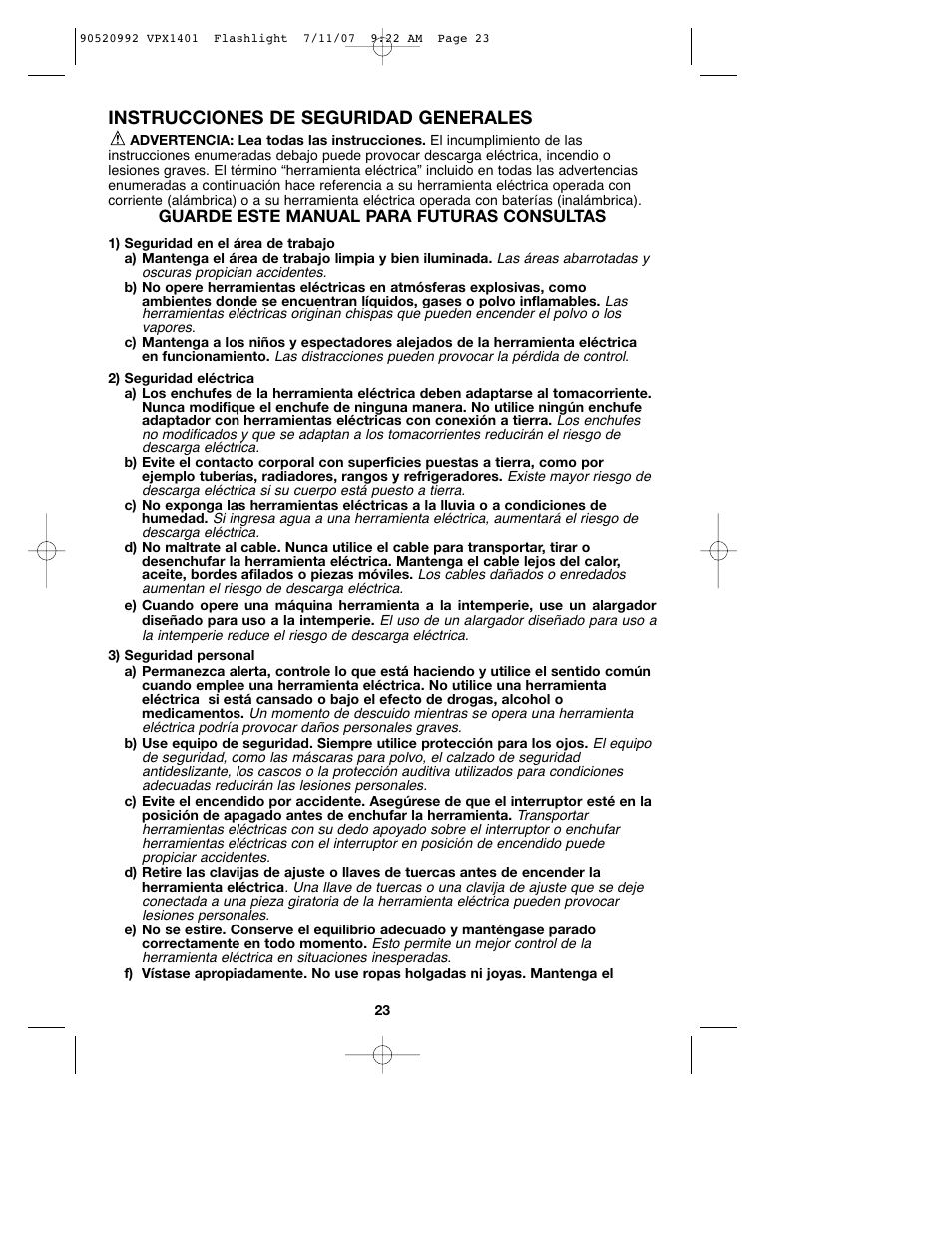 Instrucciones de seguridad generales | Black & Decker 1 VPX FLASHLIGHT User Manual | Page 23 / 32