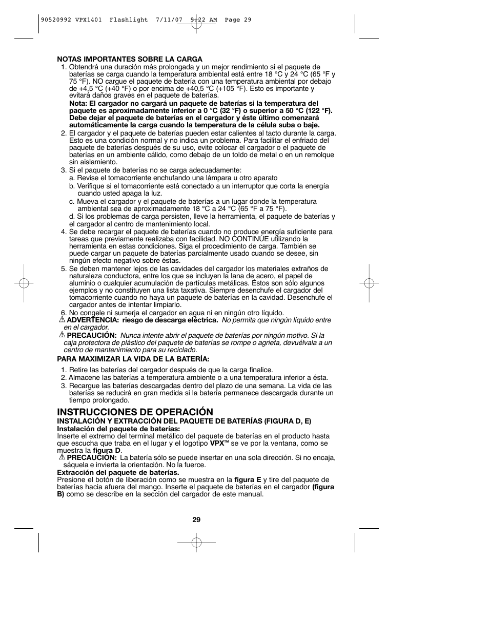 Instrucciones de operación | Black & Decker 1 VPX FLASHLIGHT User Manual | Page 29 / 32