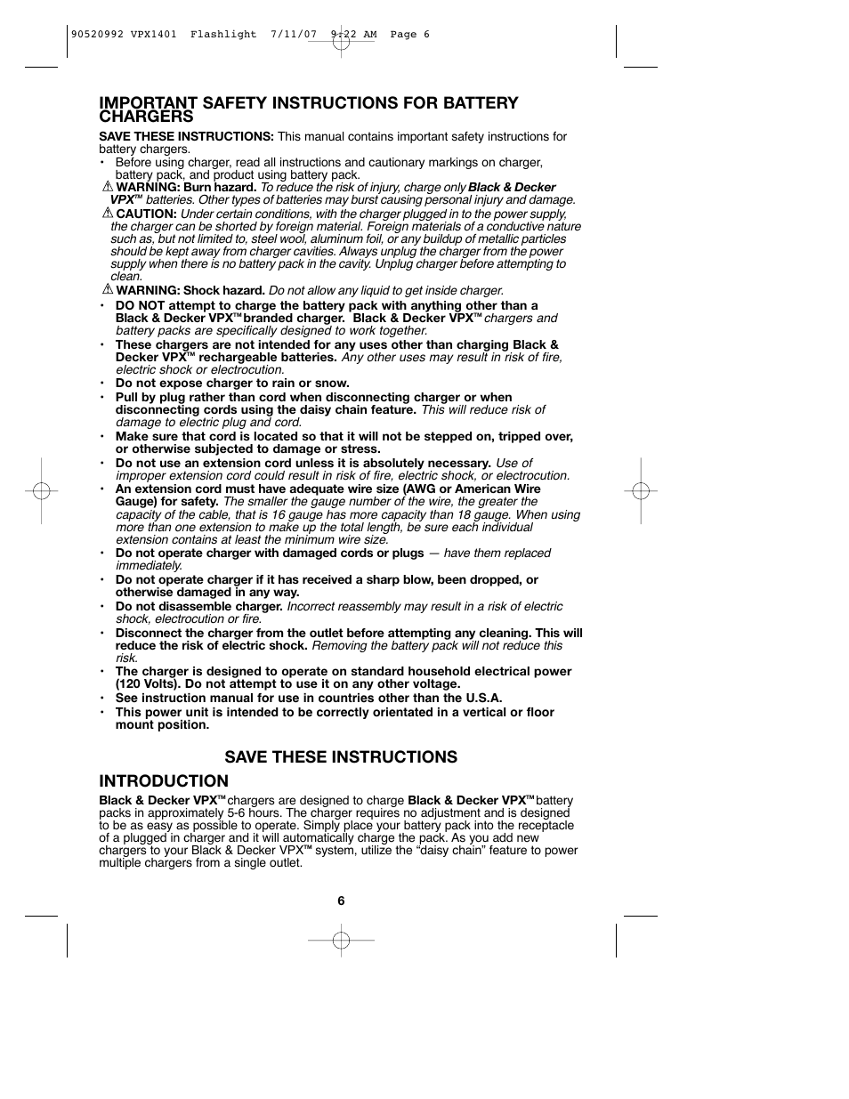 Important safety instructions for battery chargers, Save these instructions introduction | Black & Decker 1 VPX FLASHLIGHT User Manual | Page 6 / 32