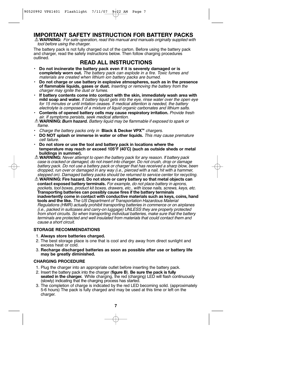 Important safety instruction for battery packs, Read all instructions | Black & Decker 1 VPX FLASHLIGHT User Manual | Page 7 / 32