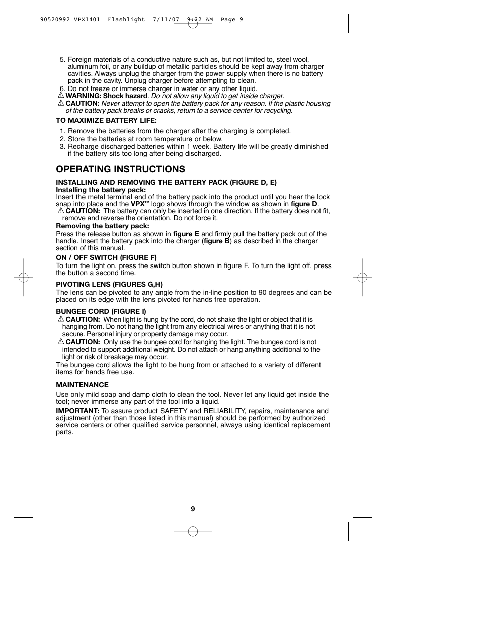 Operating instructions | Black & Decker 1 VPX FLASHLIGHT User Manual | Page 9 / 32