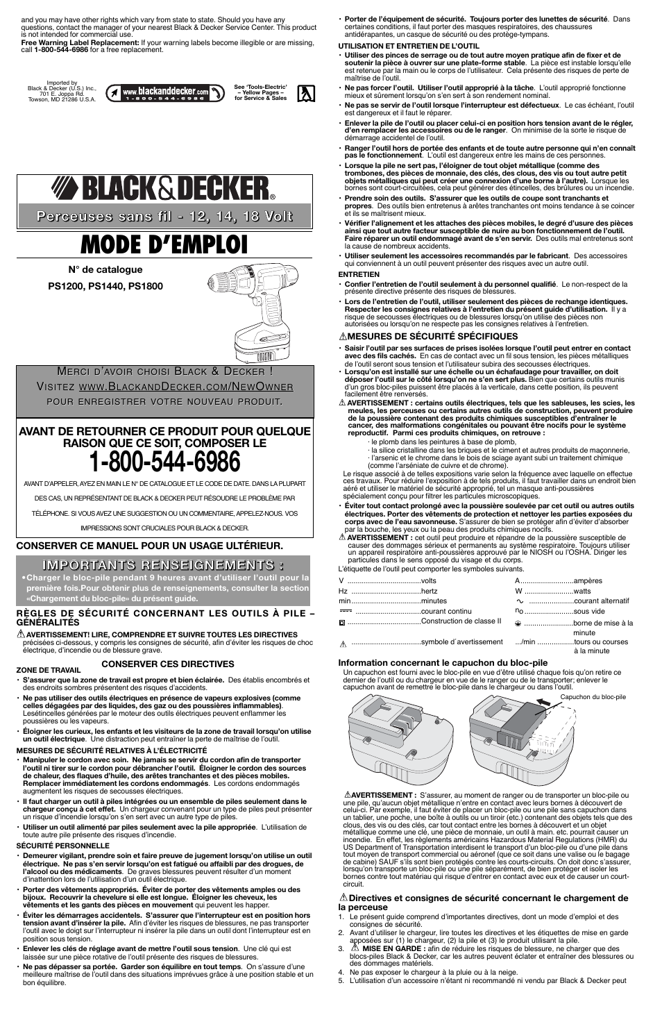 Mode d’emploi | Black & Decker PS1200 User Manual | Page 3 / 7