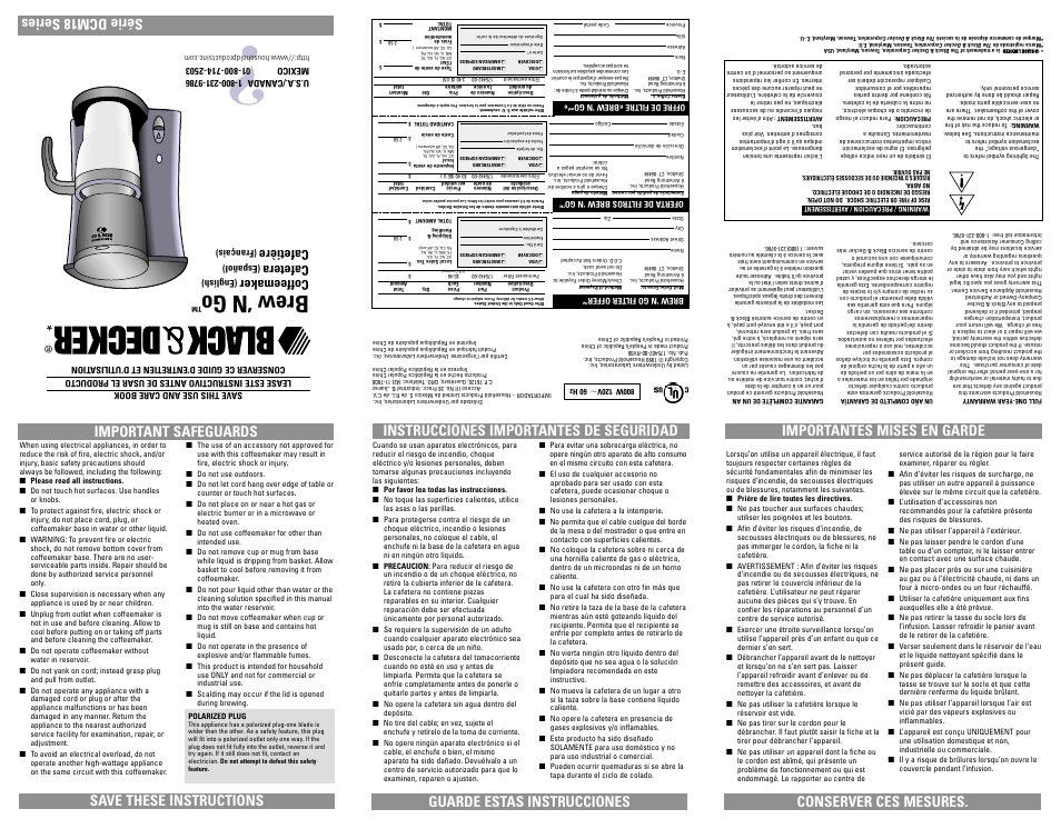 Instrucciones, Cafetera, Español) | Brew ‘n go, Important safeguards, Série dcm18 series, Save these instructions, Guarde estas instrucciones conserver ces mesures, Coffeemaker, Cafetière | Black & Decker DCM18 Series User Manual | Page 3 / 7