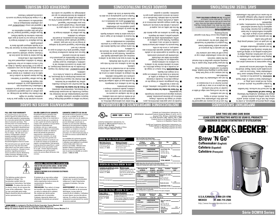Warranty, Brew ‘n go, Important safeguards | Série dcm18 series, Save these instructions, Guarde estas instrucciones conserver ces mesures, Coffeemaker, Cafetera, Cafetière | Black & Decker DCM18 Series User Manual | Page 5 / 7