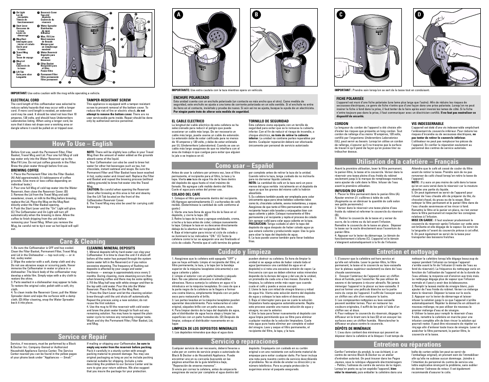 How to use, Como usar, Utilisation | How to use – english, Care & cleaning, Service or repair, Ab c d | Black & Decker DCM18 Series User Manual | Page 7 / 7