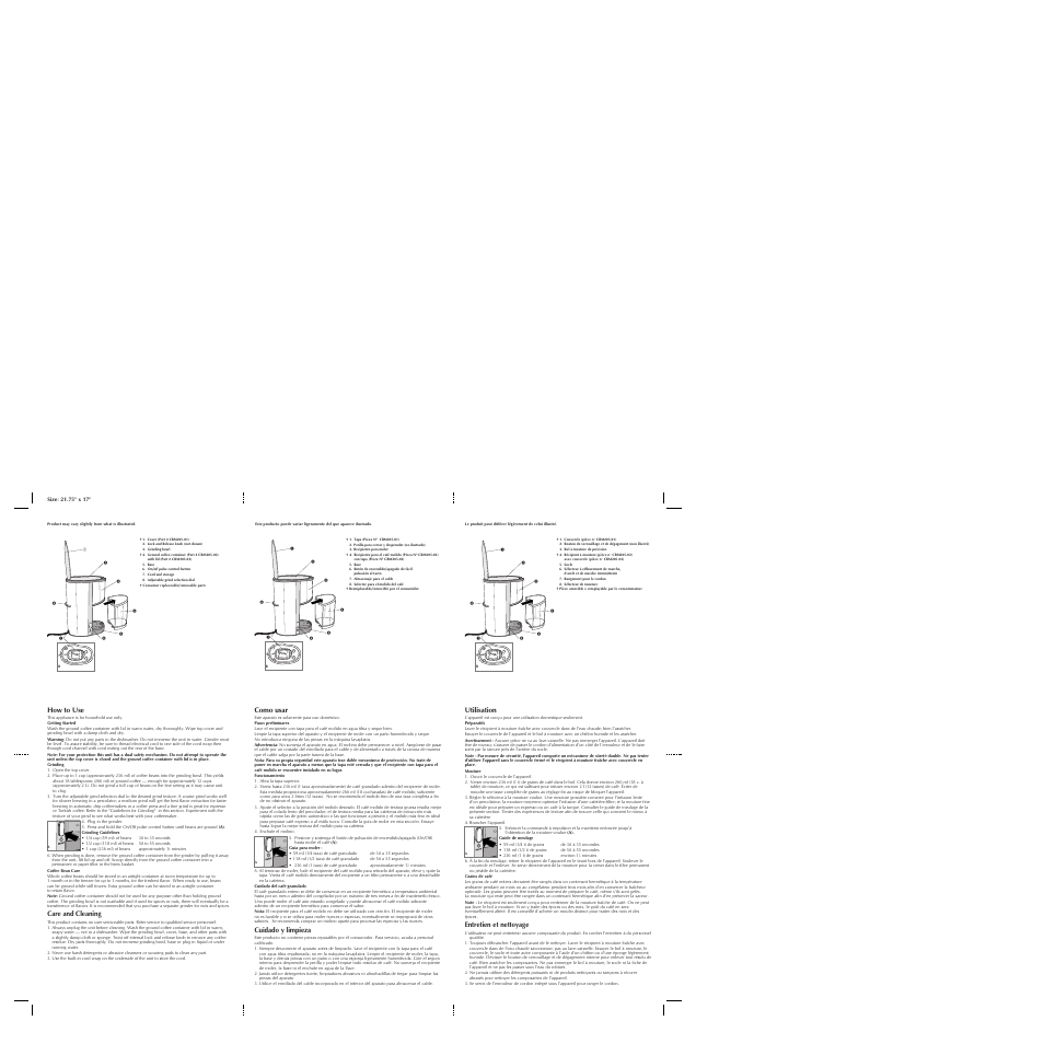 Utilisation, Entretien et nettoyage, Como usar | Cuidado y limpieza, How to use, Care and cleaning | Black & Decker CBM205 User Manual | Page 2 / 2