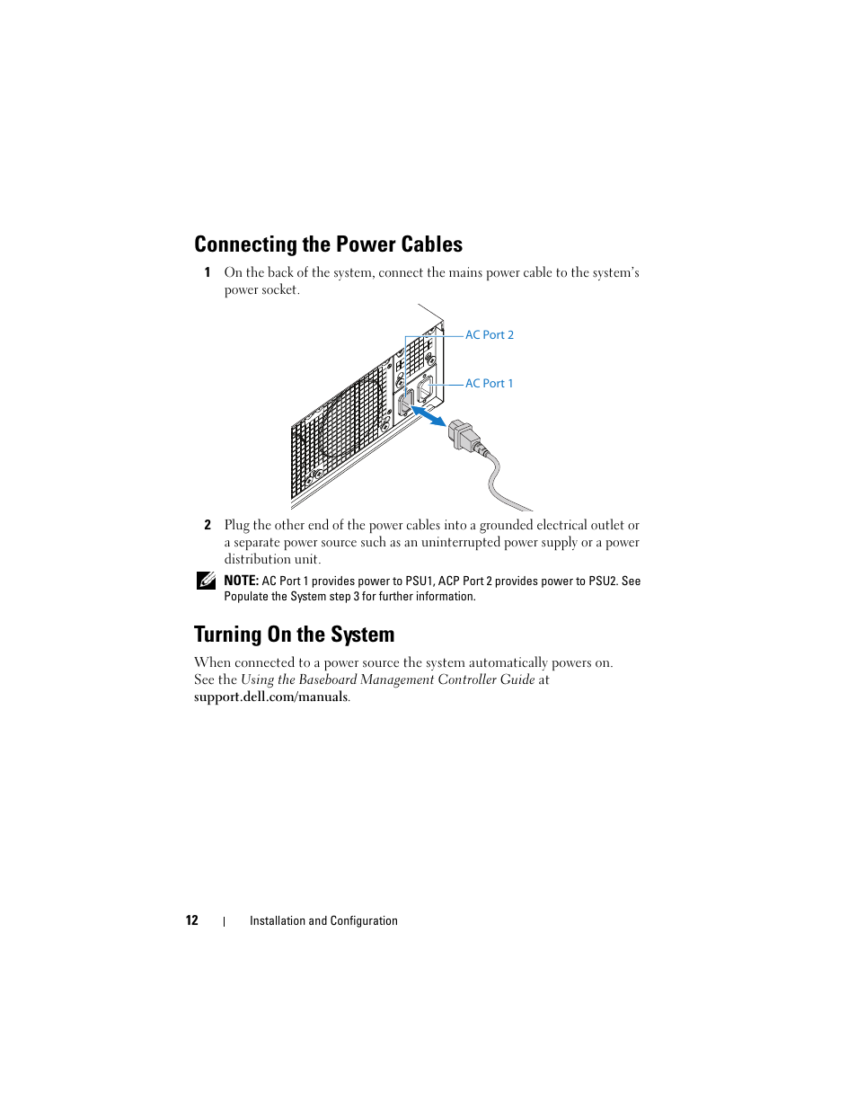 Connecting the power cables, Turning on the system | Dell PowerEdge C5125 User Manual | Page 14 / 76