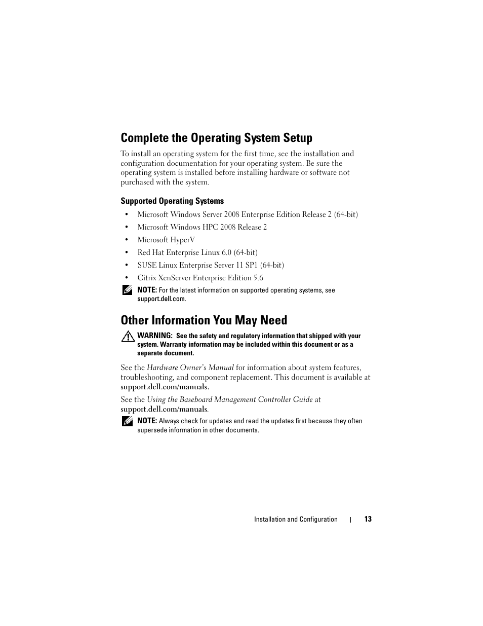 Complete the operating system setup, Supported operating systems, Other information you may need | Dell PowerEdge C5125 User Manual | Page 15 / 76