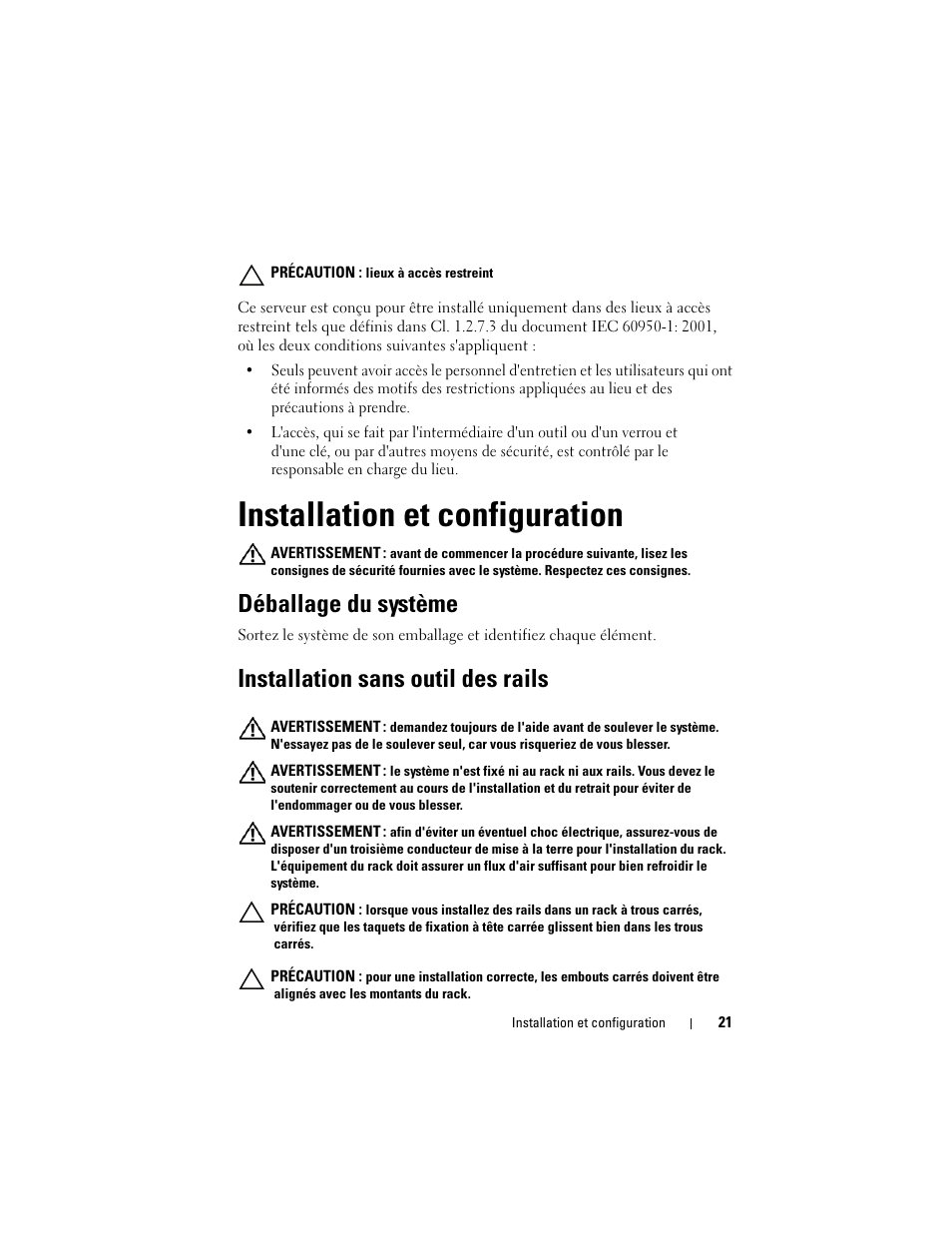 Installation et configuration, Déballage du système, Installation sans outil des rails | Dell PowerEdge C5125 User Manual | Page 23 / 76
