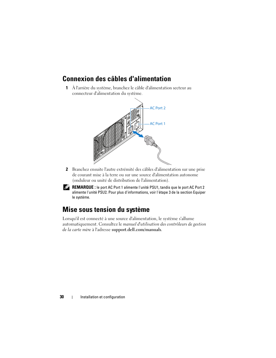 Connexion des câbles d'alimentation, Mise sous tension du système | Dell PowerEdge C5125 User Manual | Page 32 / 76