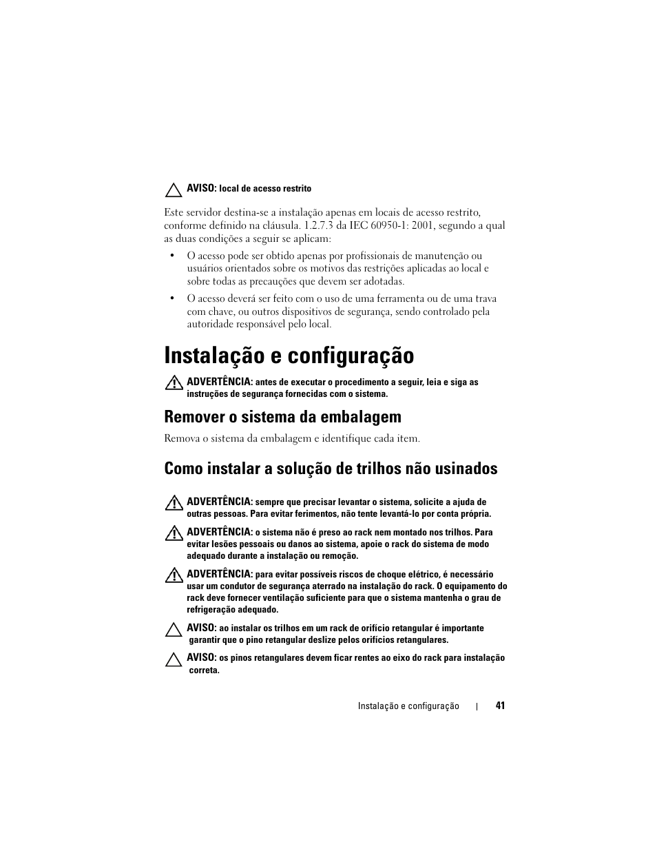 Instalação e configuração, Remover o sistema da embalagem, Como instalar a solução de trilhos não usinados | Dell PowerEdge C5125 User Manual | Page 43 / 76