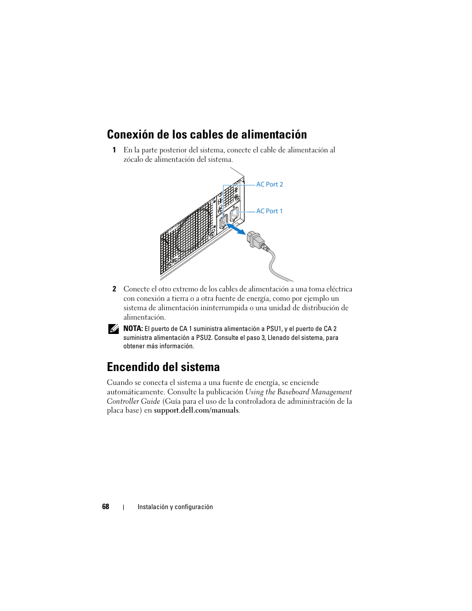 Conexión de los cables de alimentación, Encendido del sistema | Dell PowerEdge C5125 User Manual | Page 70 / 76