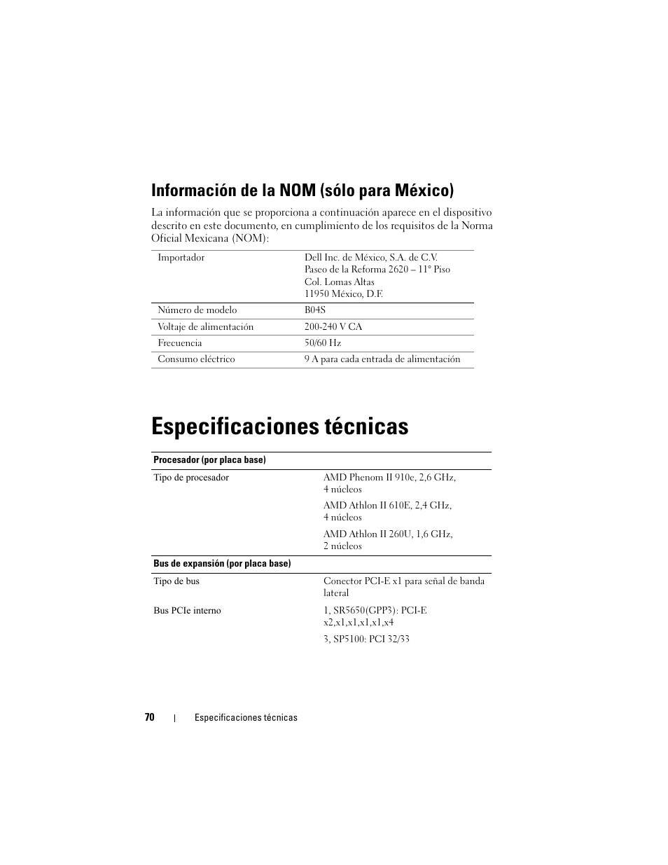 Información de la nom (sólo para méxico), Especificaciones técnicas | Dell PowerEdge C5125 User Manual | Page 72 / 76