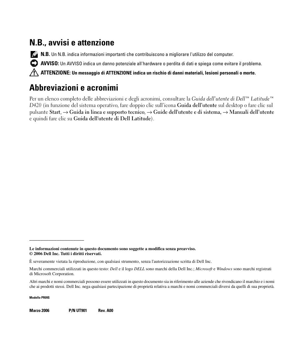 N.b., avvisi e attenzione, Abbreviazioni e acronimi | Dell Latitude D420 User Manual | Page 100 / 142
