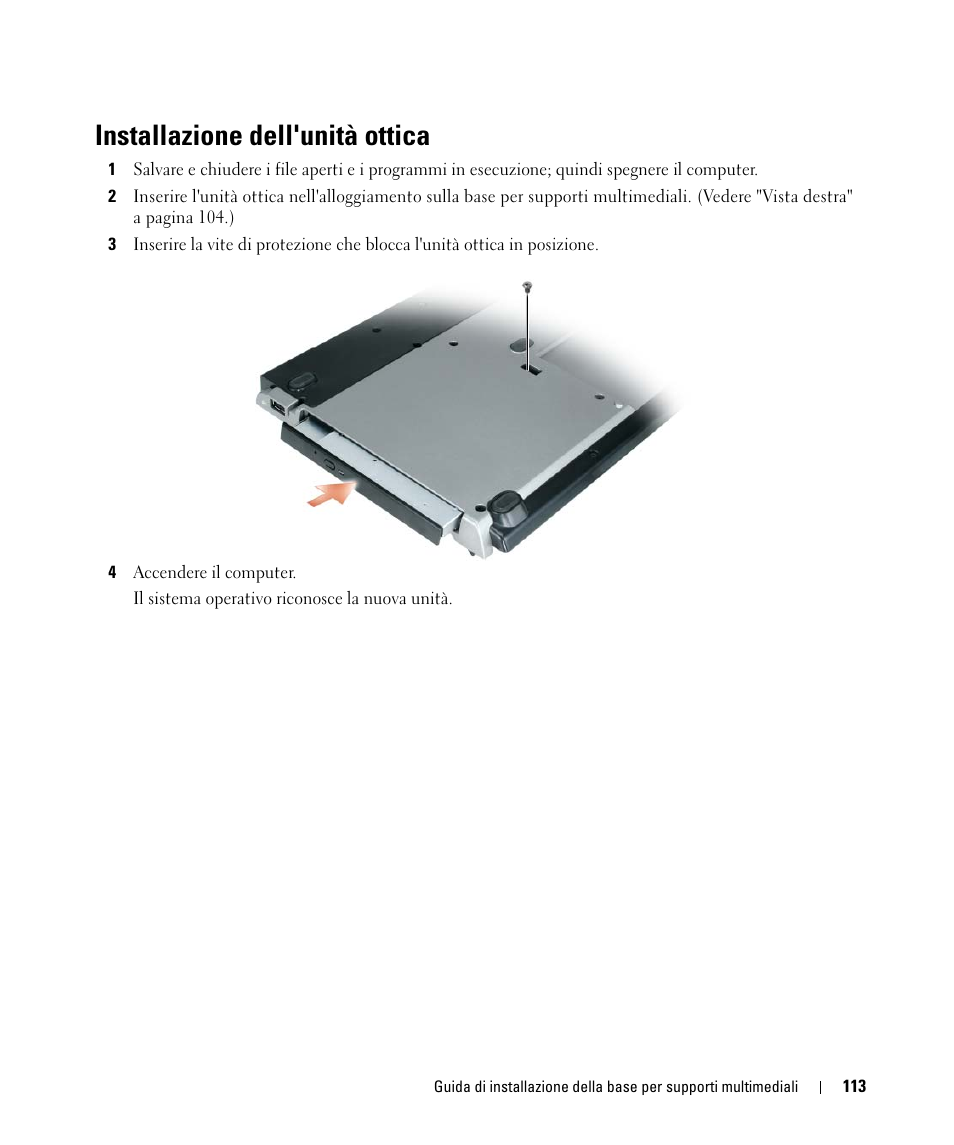 Installazione dell'unità ottica | Dell Latitude D420 User Manual | Page 115 / 142