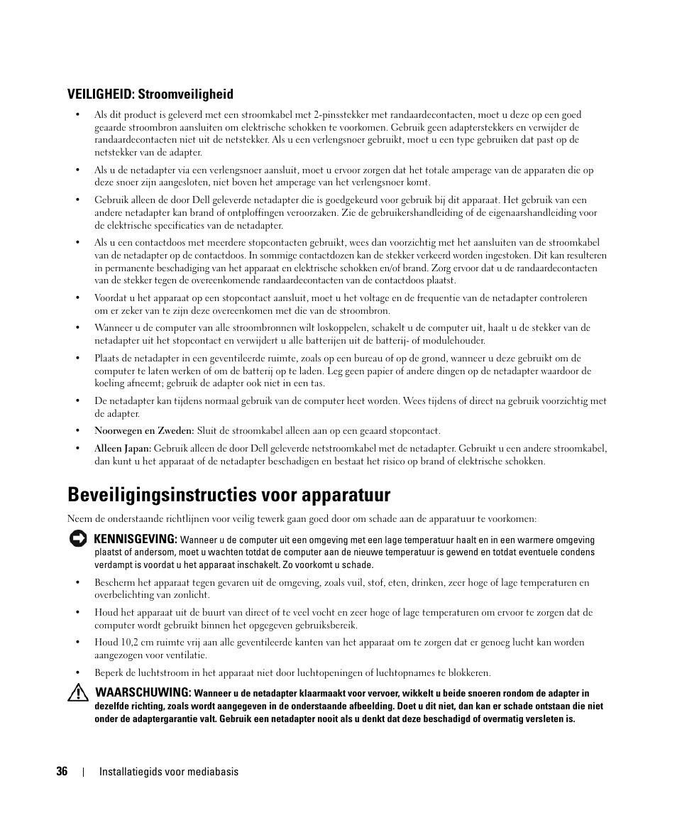 Veiligheid: stroomveiligheid, Beveiligingsinstructies voor apparatuur | Dell Latitude D420 User Manual | Page 38 / 142