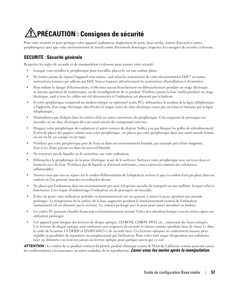 Précaution : consignes de sécurité, Securite : sécurité générale | Dell Latitude D420 User Manual | Page 59 / 142