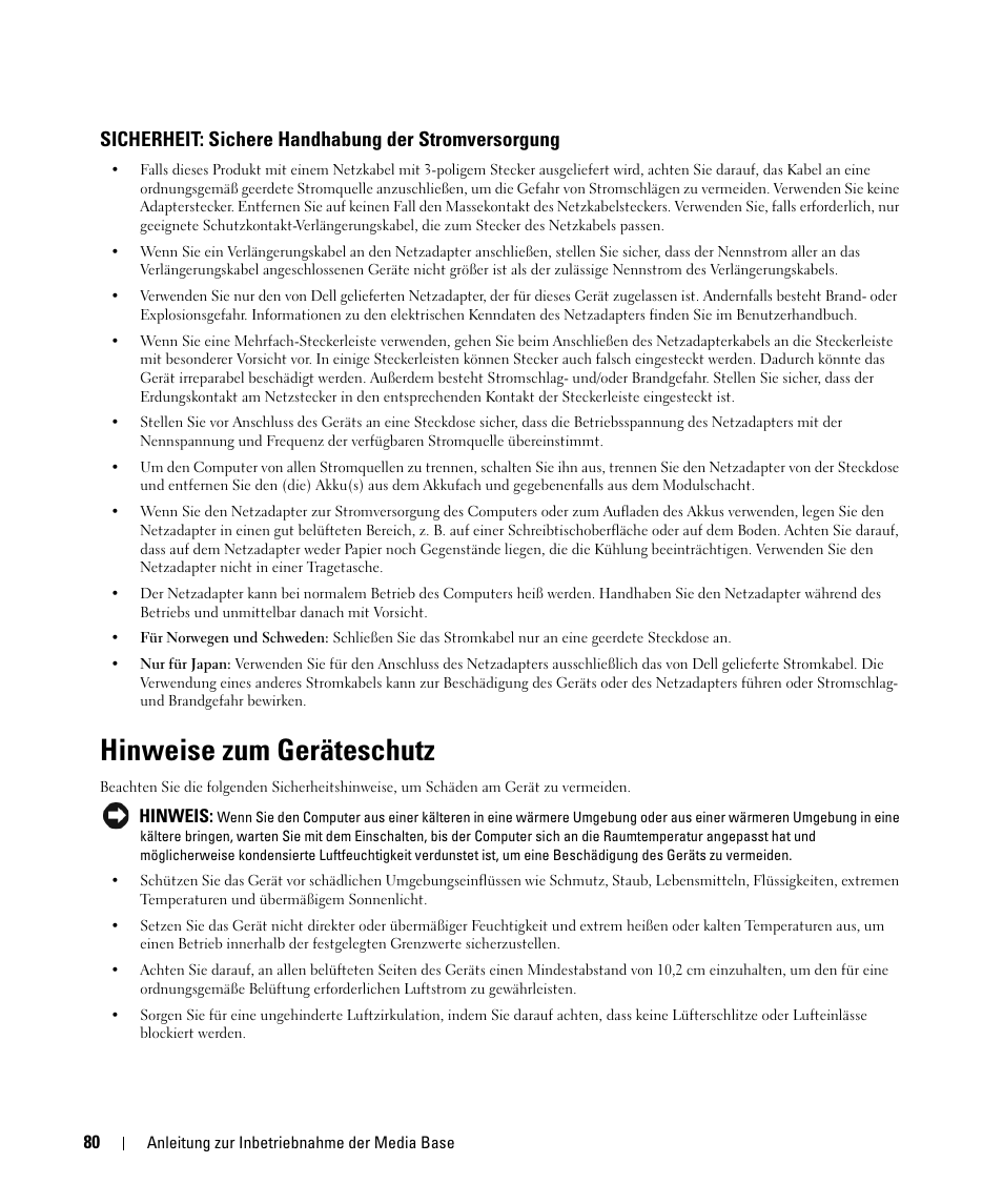 Sicherheit: sichere handhabung der stromversorgung, Hinweise zum geräteschutz | Dell Latitude D420 User Manual | Page 82 / 142