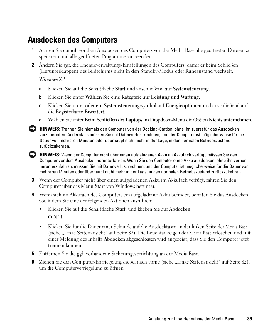Ausdocken des computers | Dell Latitude D420 User Manual | Page 91 / 142