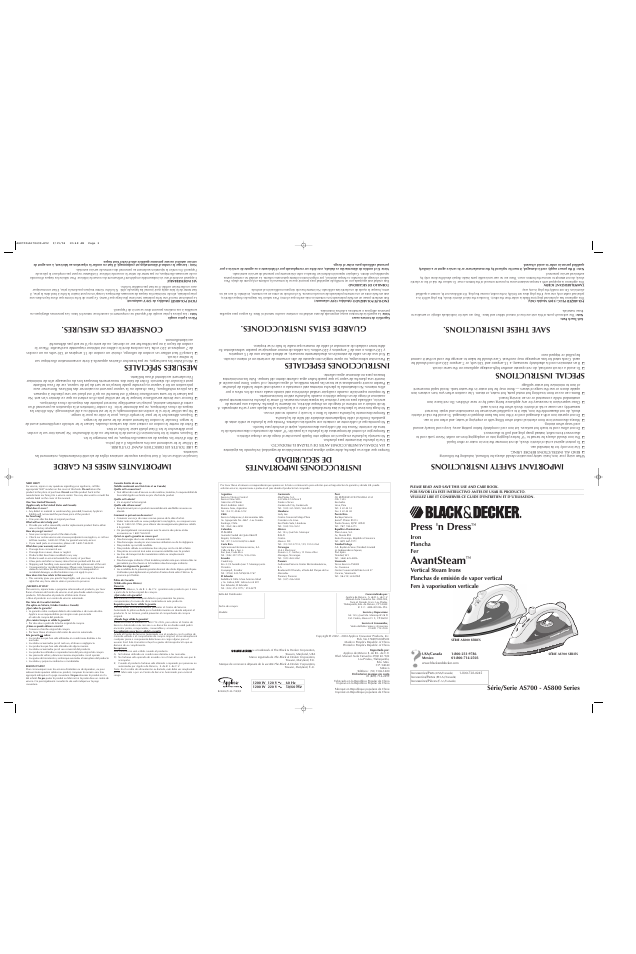 Avantsteam, Press 'n dress, Mesures spéciales | Instrucciones especiales, Special instructions, Save these instructions, Guarde estas instrucciones, Conserver ces mesures | Black & Decker AS870 User Manual | Page 2 / 2