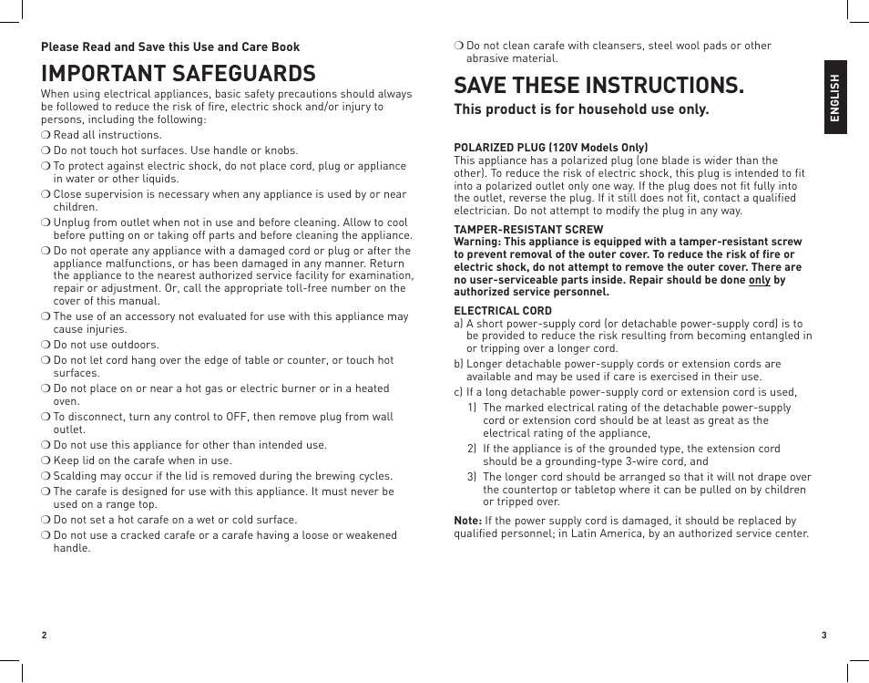 Important safeguards, Save these instructions, This product is for household use only | Black & Decker VersaBrew DCM1100W User Manual | Page 2 / 11